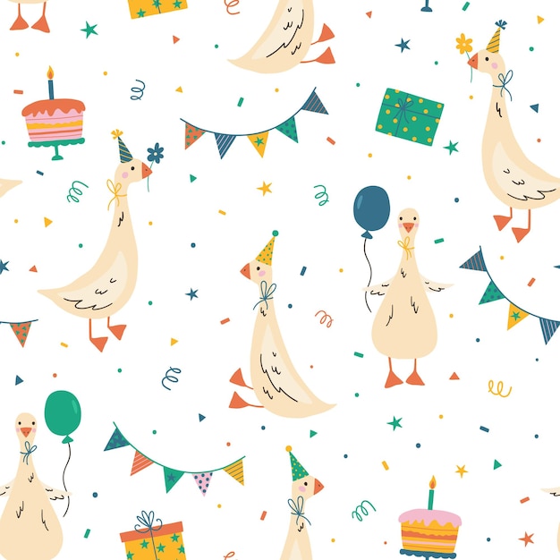 Fondo de la fiesta de cumpleaños con gansos divertidos Patrón gracioso sin costuras con caja de regalo de gansos pastel