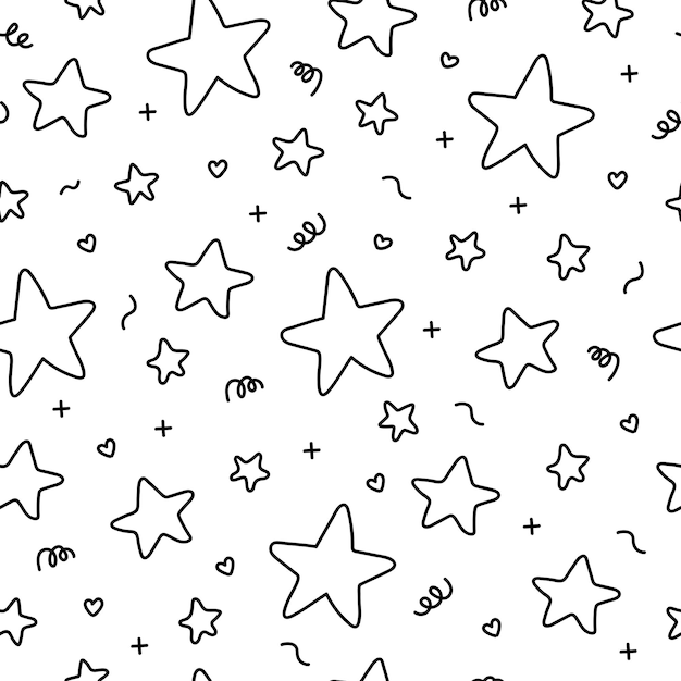 Fondo de fiesta dibujado a mano Estrellas festivas divertidas Corazones y confeti en estilo doodle Patrón sin costuras