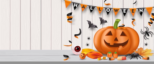 Fondo de fiesta de Halloween con caramelos, globos oculares, arañas, murciélagos y calabazas. Vector