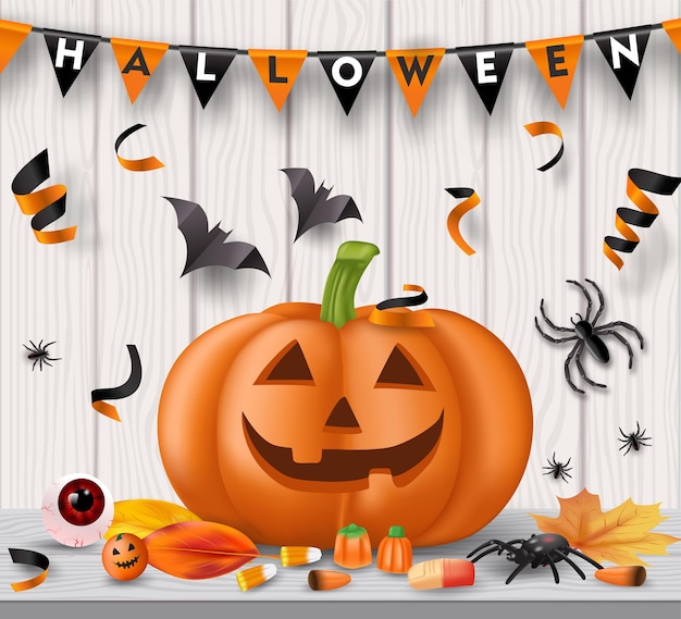 Fondo de fiesta de Halloween con caramelos, globos oculares, arañas, murciélagos y calabazas. Vector