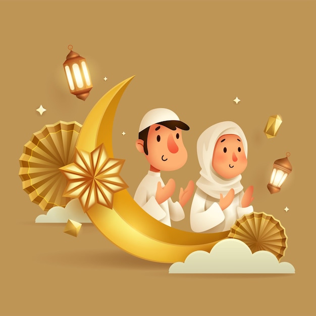 fondo de la fiesta islámica con oración musulmana luna media y decoraciones islámicas