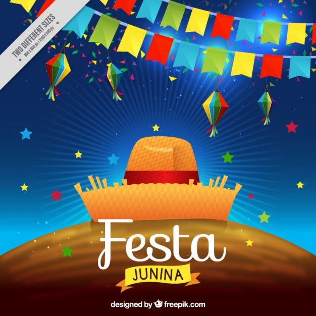 Fondo de fiesta junina con guirnaldas coloridas con sombrero