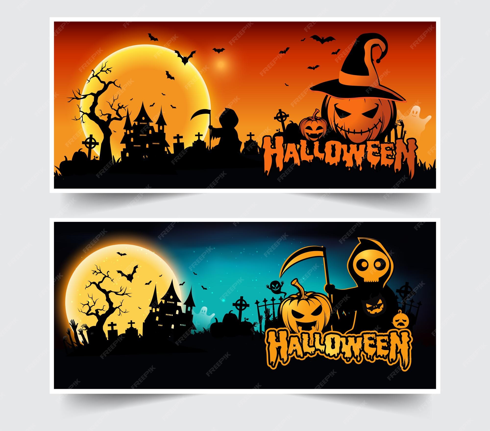 Fondo de fiesta de noche de halloween con calabazas luna llena vectot
