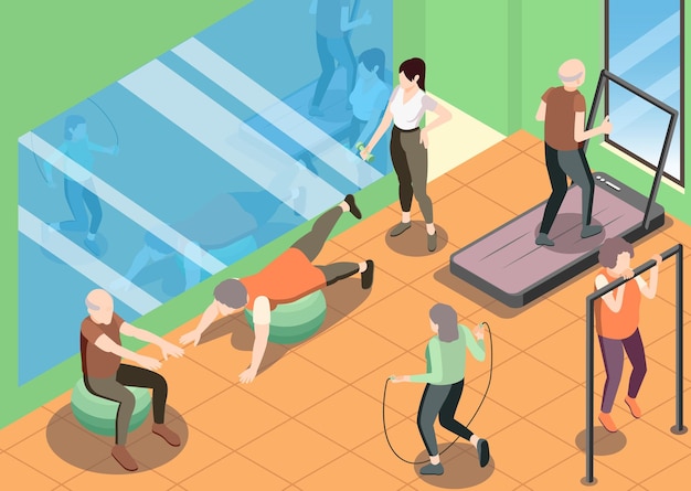 Fondo de fitness de personas mayores con símbolos de equipo deportivo ilustración vectorial isométrica