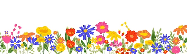 Fondo de la flor de primavera Bandera floral horizontal con ramas en flor florecen borde del jardín botánico con pétalos de flores coloridas Ilustración de flores de dibujos animados vectoriales