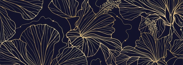 Fondo floral azul oscuro de lujo con contornos de flores doradas Vector fondo floral oscuro portada de la tarjeta de banner