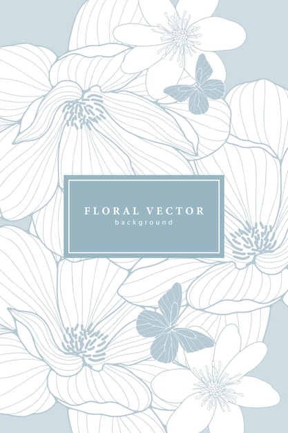 Fondo floral azul suave vertical con flores y mariposas