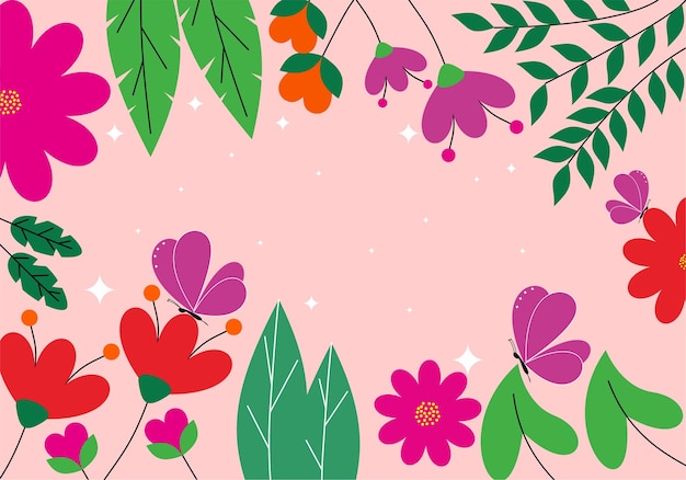 un fondo floral colorido con una mariposa y un fondo rosado