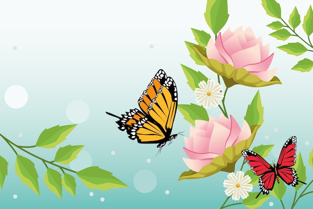 Vector fondo floral con escena de mariposas y flores.