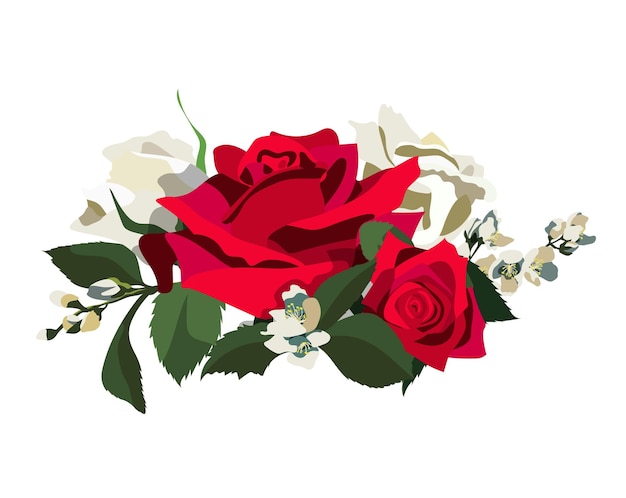 Fondo floral de estilo vintage con rosas rojas y blancas, hojas y ramas de jazmín.