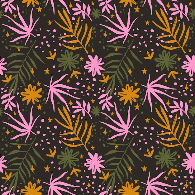 Vector fondo floral sin fin con hojas, puntos y flores