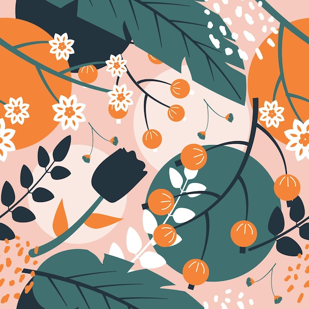 un fondo floral con flores de naranja y una flor negra y blanca