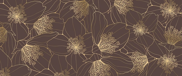 Fondo floral marrón con contornos de flores doradas Fondo vectorial para papel tapiz de decoración que cubre tarjetas