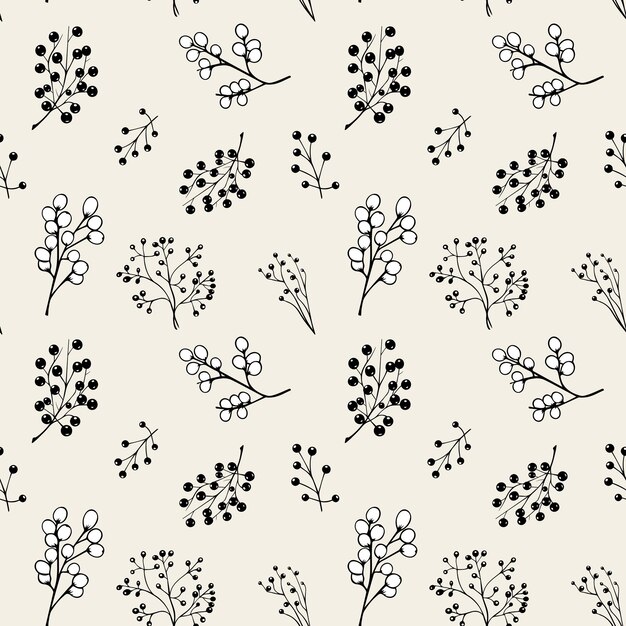 Fondo floral monocromo patrón sin costura con hojas y bayas papel pintado a mano botánico