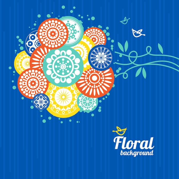 Fondo floral con pájaros de dibujos animados