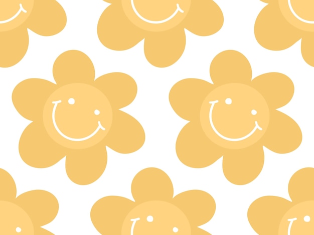 Fondo floral de patrones sin fisuras simple lindo con cara de cabeza de flor de margarita de garabato con sonrisa