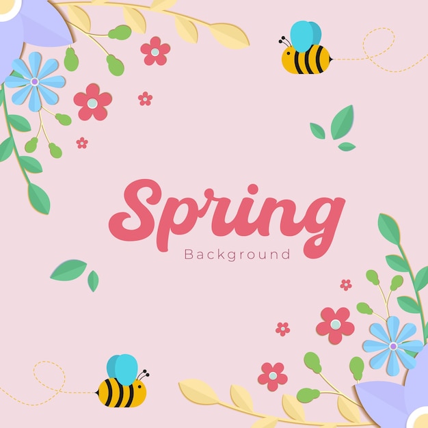 Fondo floral de primavera con abeja voladora