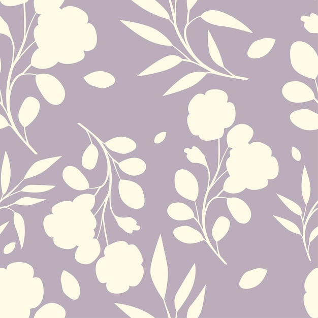 un fondo floral púrpura con flores y hojas blancas