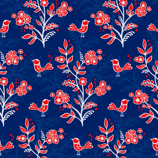 Vector fondo floral romántico étnico con flores y pájaros