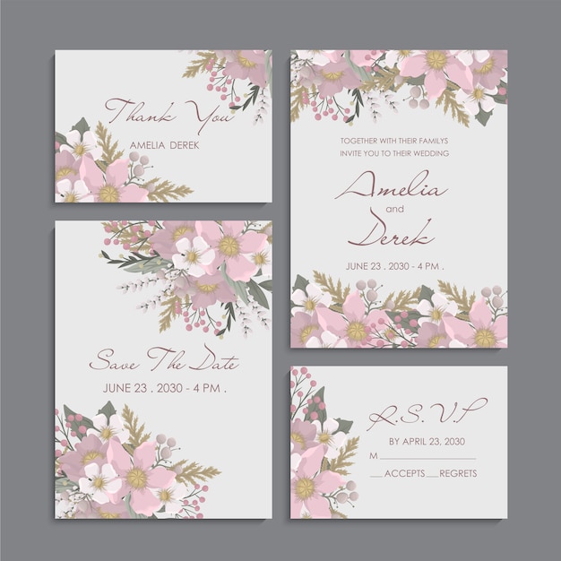 Fondo floral rosa - conjunto de invitación de boda