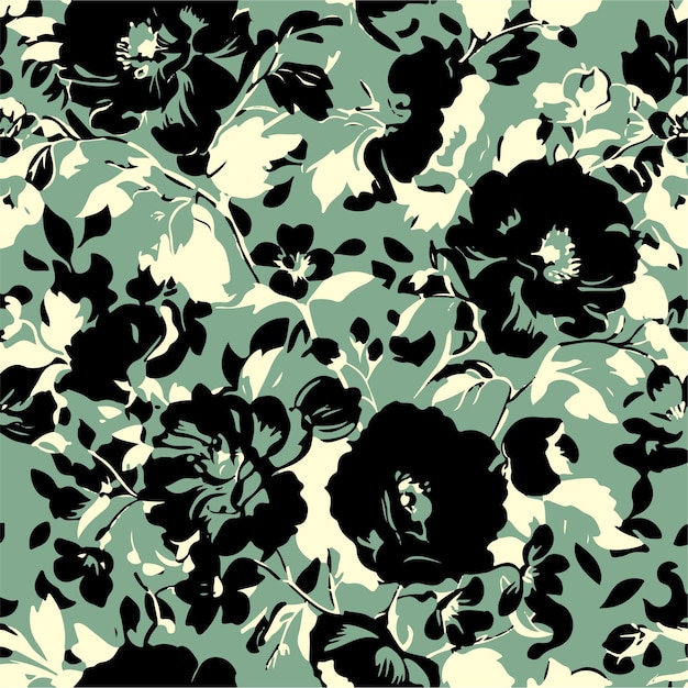un fondo floral verde y blanco con flores negras