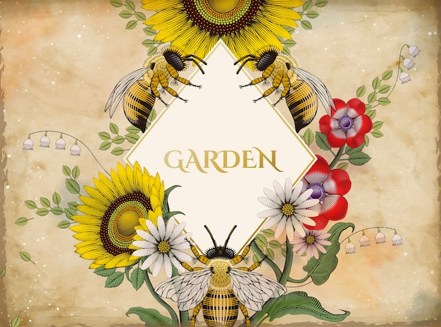 Fondo de flores y abejas de miel, estilo de sombreado de grabado retro dibujado a mano con forma de rombo en blanco en el medio