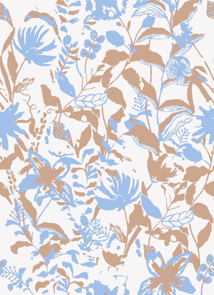 un fondo de flores azules con hojas marrones y hojas marronas