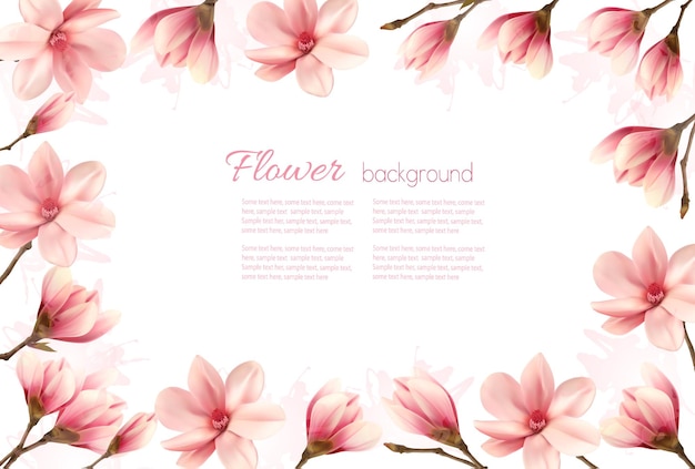 Fondo de flores con un borde de flores de magnolia rosa.