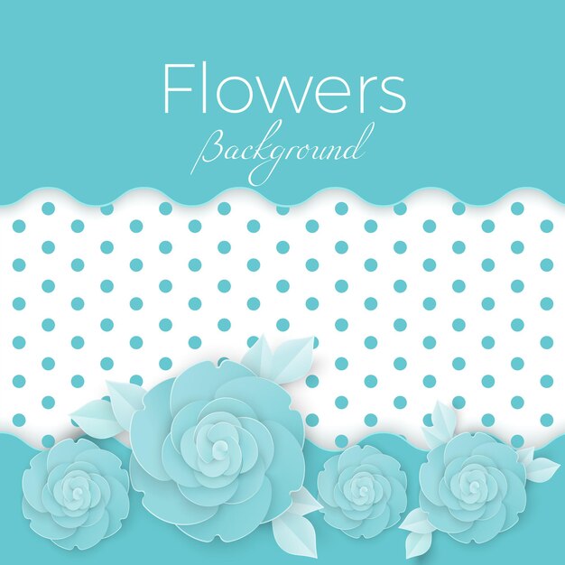 Vector fondo de flores con centro punteado, flores de origami de papel en colores azul y blanco. ilustración de vector de tarjeta de felicitación hecha a mano