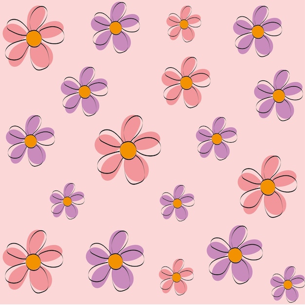 Fondo de flores dibujadas a mano con trazo negro y fondo rosa