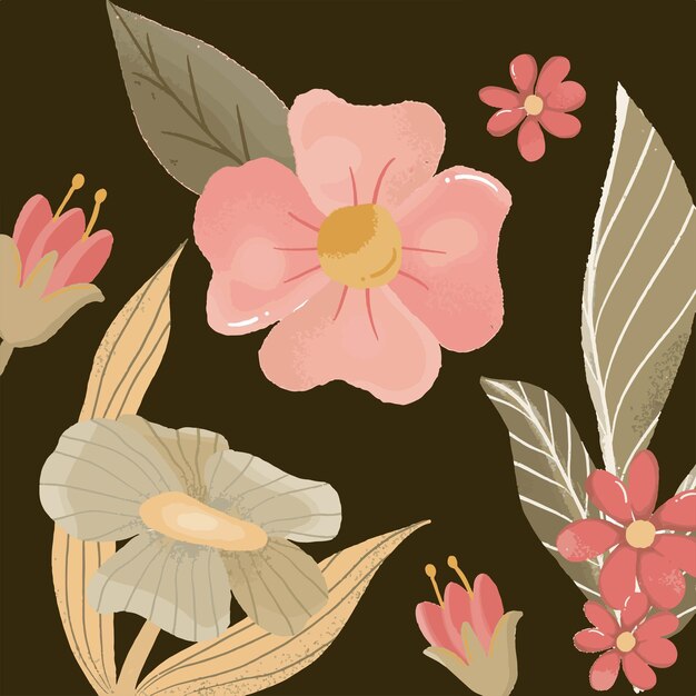 Fondo con flores y hojas con estilo dibujado a mano.