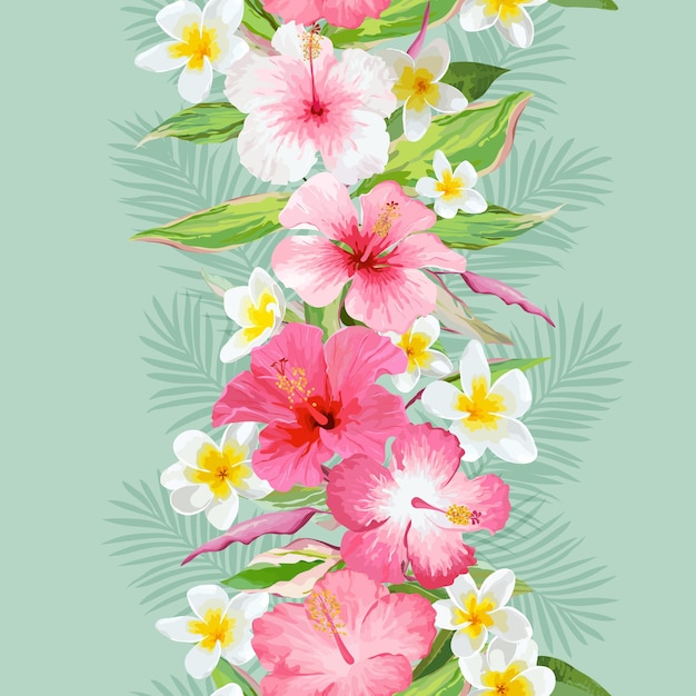 Fondo de flores y hojas tropicales. patrón sin costuras en vector