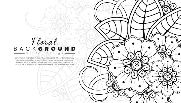 Vector fondo con flores mehndi líneas negras sobre fondo blanco plantilla de banner o tarjeta