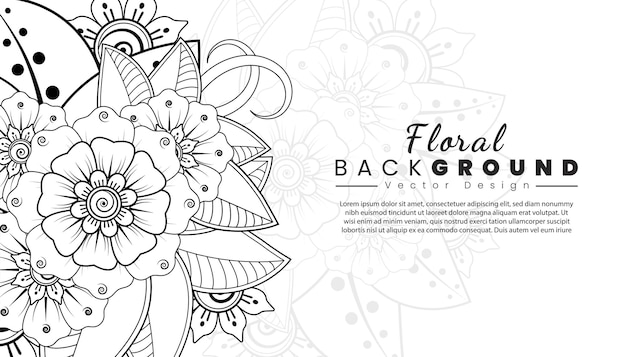 Vector fondo con flores mehndi líneas negras sobre fondo blanco plantilla de banner o tarjeta