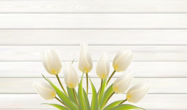 Vector fondo de flores para su diseño. hojas de tulipán sobre fondo de madera con espacio vacío