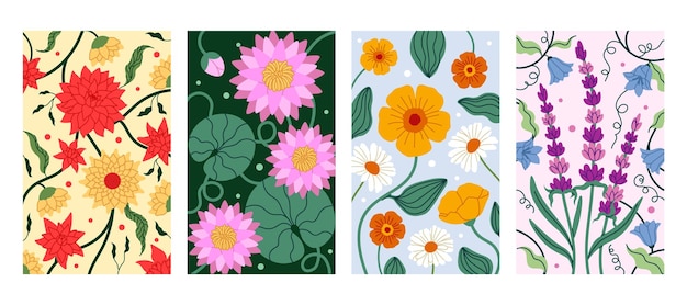 Fondo de flores de vacaciones Patrón diseño abstracto verano naturaleza arte plantas dibujadas a mano libro de primavera portada floral cartel jardín línea verde color tarjetas de invitación ilustración plana vectorial