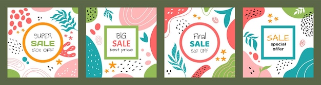 Fondo de flores Venta final Marco abstracto Formas naturales Flores y hojas Puntos de Doodle Oferta especial Promoción de compras Publicaciones en las redes sociales Conjunto de pancartas vectoriales de descuento de verano