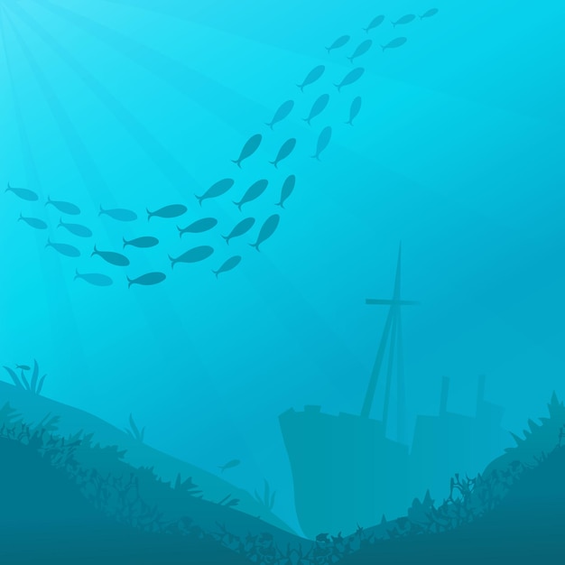 Vector fondo el fondo del océano con un barco hundido