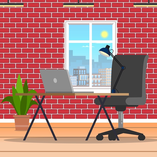 Vector fondo en forma de una habitación con una computadora portátil de escritorio y una silla de computadoraen el fondo una ventana con una ciudadestilo simple