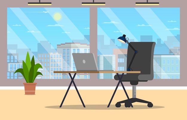Fondo en forma de oficina con una computadora portátil de escritorio y una silla de computadoraEn el fondo ventanas panorámicas con la ciudadEstilo simple