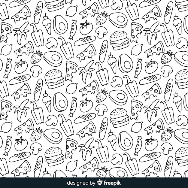 Vector fondo fruta y verdura sin color dibujada a mano