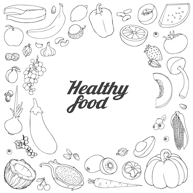 Fondo de frutas y verduras dibujados a mano con lugar para la ilustración de texto. Boceto conjunto de doodle. Varios alimentos dibujados a mano dispuestos como círculo sobre un fondo blanco.
