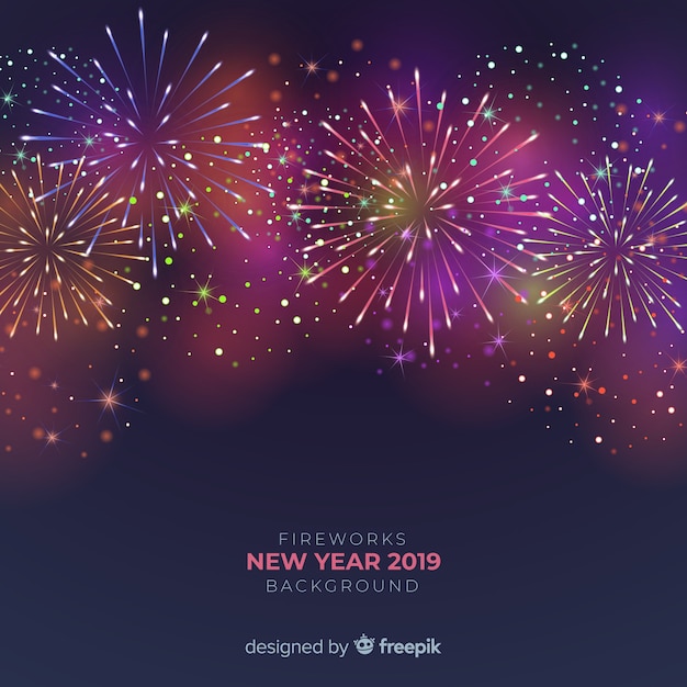 Fondo de fuegos artificiales de año nuevo 2019 dorado