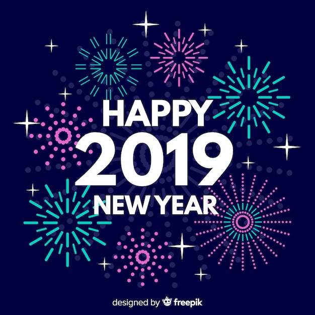 Fondo de fuegos artificiales de año nuevo 2019 dorado