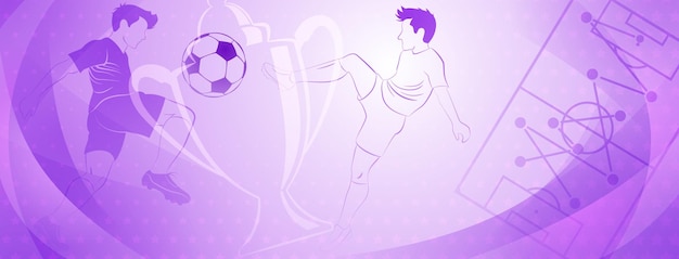 Fondo de fútbol abstracto con un jugador de fútbol pateando la pelota y otros símbolos deportivos en colores púrpura