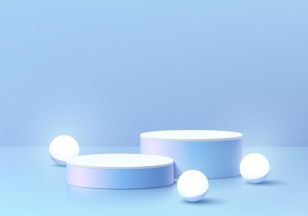 Fondo futurista 3D con podio de pedestal cilíndrico realista azul Bola de esfera de luz de neón brillante
