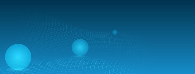 Fondo futurista abstracto en colores azules con superficie de malla curva y varias esferas