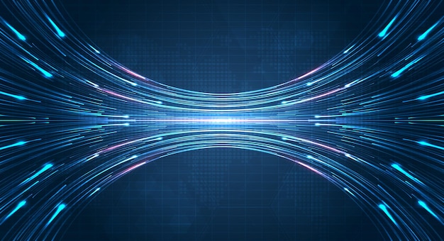 Fondo futurista de línea de velocidad de fibra óptica de racha de luz azul para tecnología 5g o 6g transmisión inalámbrica de datos internet de alta velocidad en diseño de vector de concepto de red de internet abstracto