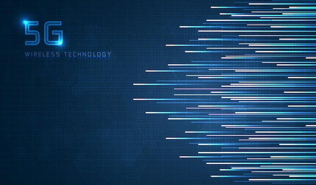 Fondo futurista de línea de velocidad de fibra óptica de racha de luz azul para tecnología 5g o 6g transmisión inalámbrica de datos internet de alta velocidad en diseño de vector de concepto de red de internet abstracto