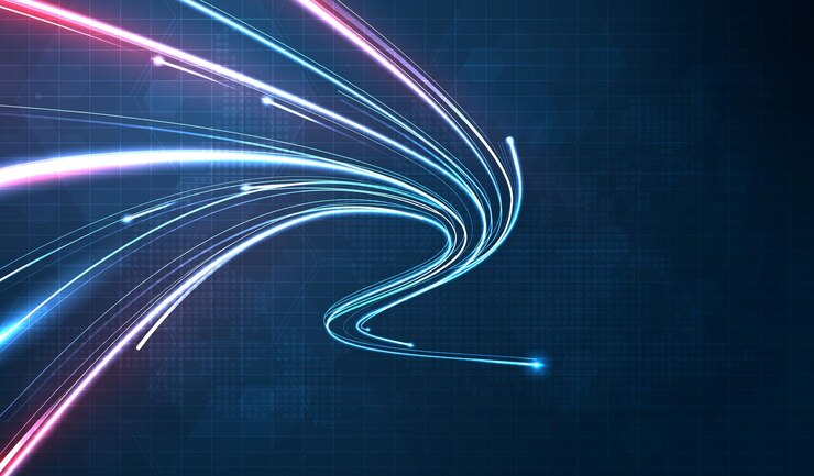 Vector fondo futurista de línea de velocidad de fibra óptica de racha de luz azul para tecnología 5g o 6g transmisión inalámbrica de datos internet de alta velocidad en diseño de vector de concepto de red de internet abstracto